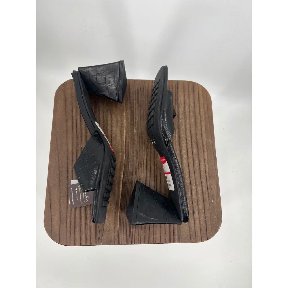 London Rag Black Croc Embossed Square Toe Triangular Block Heel Slide Sandals 10